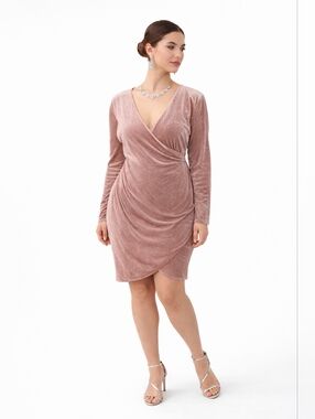 Fashion Nova Velvet Wrap Long Sleeve Dress in Dusty Rose
